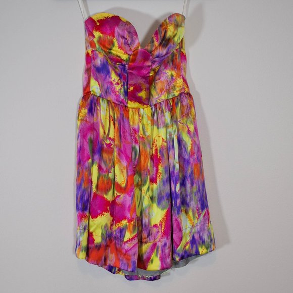 Wink 100% Silk Pink Yellow Purple Sweetheart Dress - Size Small - Picture 1 of 6
